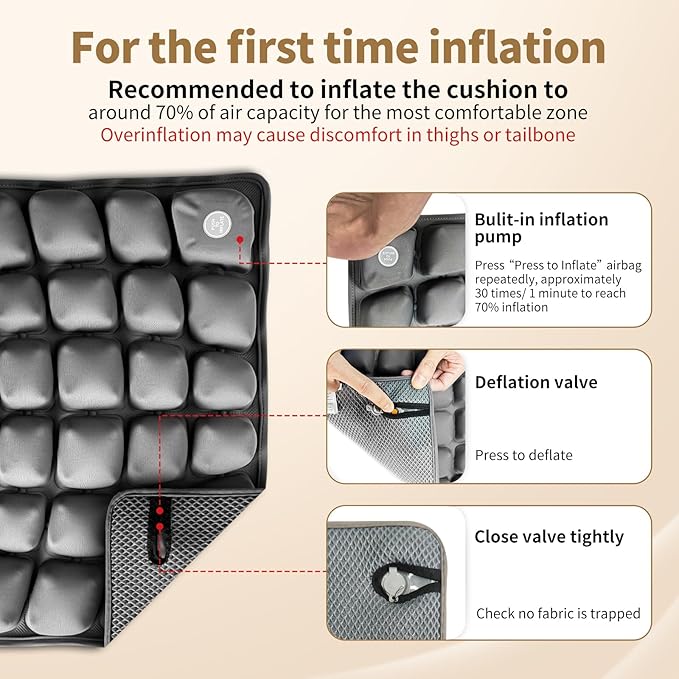 Air Inflatable Travel Seat Cushion with Built-in Pump & Carry Bag– Portable & Adjustable for Airplane, Car, Office – Coccyx, Sciatica & Tailbone Pain Relief (Gray)