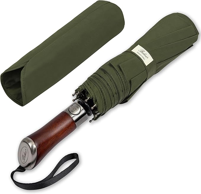 Balios (Designed in UK) Travel Umbrella Luxurious Golden Hardwood Handle Auto Open & Close Windproof Frame Single Canopy Automatic Folding Umbrella Men's & Ladies