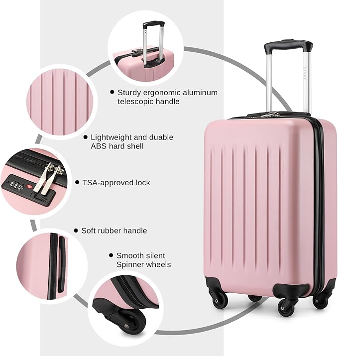 Kono 20-Inch Small Hardside Carry-on Suitcase with Spinner Wheels, Lightweight ABS+PC Rolling Cabin Suitcase for Airplane Travel (Pink, for 1-3 Days of Travel)
