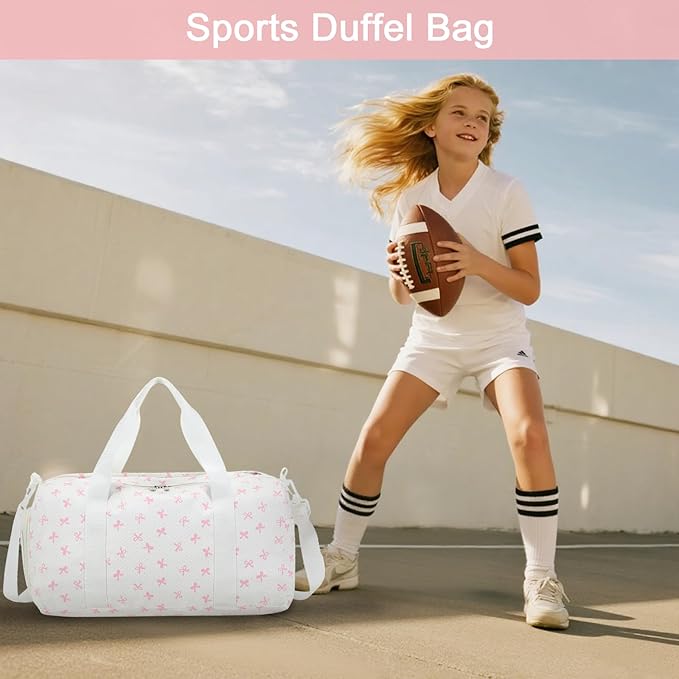 BTOOP Duffle Bag for Girls Kids Gym Sports Women Workout Travel Bag Weekender with Shoe Compartment and Wet Pocket (Pink Bow)