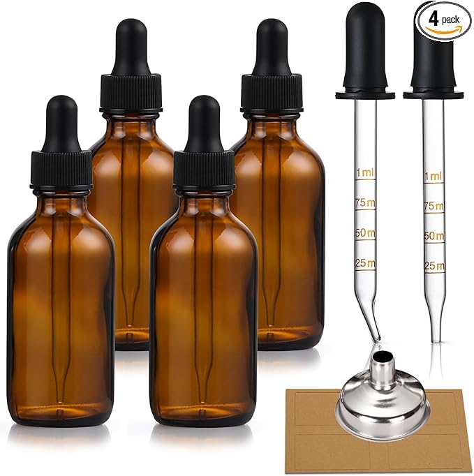 4 Pack, 1 oz Amber Glass Dropper Bottles Plus 2pcs Graduated Calibrated Glass Pipettes (1ml)- 30ml Dark Brown Tincture Bottles with Eye Droppers for Essential Oils, Liquids - Leakproof Travel Bottle