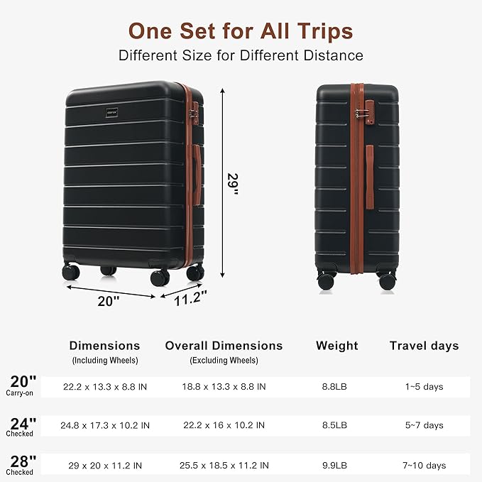 Merax Luggage Sets 3 Piece, Hardshell Lightweight Suitcase with Spinner Wheels, BLACK+ABS, 20/24/28 Inch