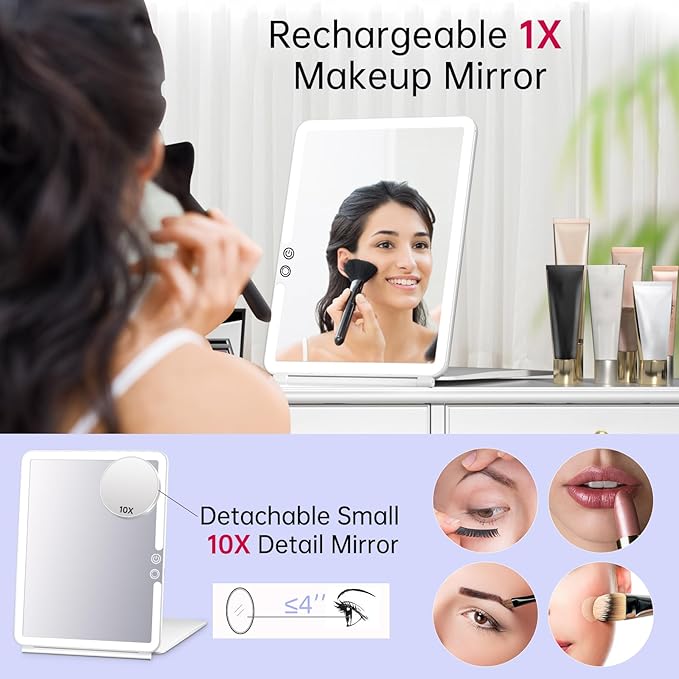 FUNTOUCH Rechargeable Large Travel Makeup Mirror with Lights, 2500mAh 10x7.5 Portable Lighted Makeup Mirror with 3 Color Lights, Dimming Folding Light Up Travel Mirrors with 10X Magnifying Mirror