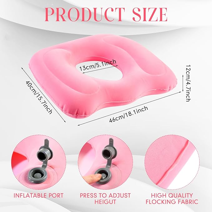 Leinuosen 1 Pcs Inflatable Seat Cushion 18.1'' x 15.7'' x 4.7'' Portable Lift Donut Pillow Height Adjustable Hemorrhoid Pillow for Tailbone Back Pain Bed Sore Home Car Chair Wheelchair Sitting (Pink)