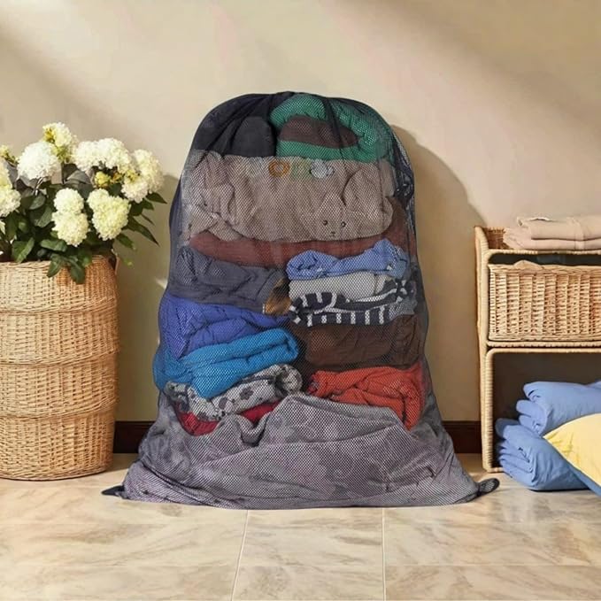 2 Pack Large Mesh Laundry Bag, 24×36 inch Heavy Duty Mesh Laundry Bags Drawstring Lockable, Laundry Hamper Liner, for Factories, College, Travel, Dorms, Family and Apartment Dwellers, Black