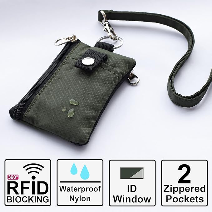 CHENSPRX Minimalist RFID Blocking Small Wallet with ID Window,WaterResistant Zip Id Case Wallet with Lanyard Keychain for Cards,Cash,Travel,Women,Men