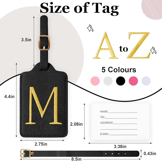 Personalized Initial Luggage Tags for Suitcases,Leather Letter Cute Luggage Tags with Privacy Name Card,Embroidered Monogrammed Travel Bag Backpack Tag Gifts for Women Kids Girls Teens(Black-M)
