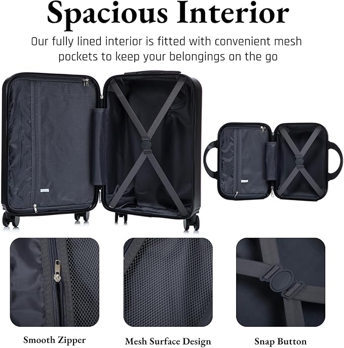 2 Pcs ABS Spinner Luggage Set - 14" Cosmetic Case & 20" Carry-On with Combination Lock, Front Opening Design, Black