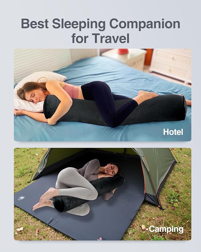 Luxtude Inflatable Body Pillow for Adults Kids, Travel Body Pillows for Side Sleeper, 47Inch Long Round Bolster Pillows for Bed, Round Cervical Cylinder Pillow for Hugging Sleeping, Back etc.
