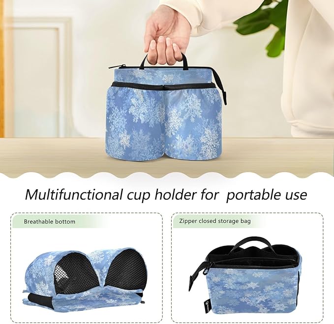 Luggage Cup Holder for Suitcases Free Hands Travel Cup Holder Portable Suitcase Cup Drink Holder Luggage Cup Caddy Bag Carrier Gradient Blue Winter Snowflakes