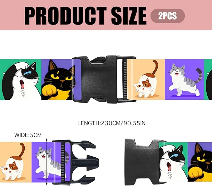 Nuxovilar Luggage Straps of 2 Set Cartoon Cats Pattern, 1.96x90.5 inches - Luggage Straps for Suitcases, Perfect for Pet Lovers, Family Trips, Casual Travel