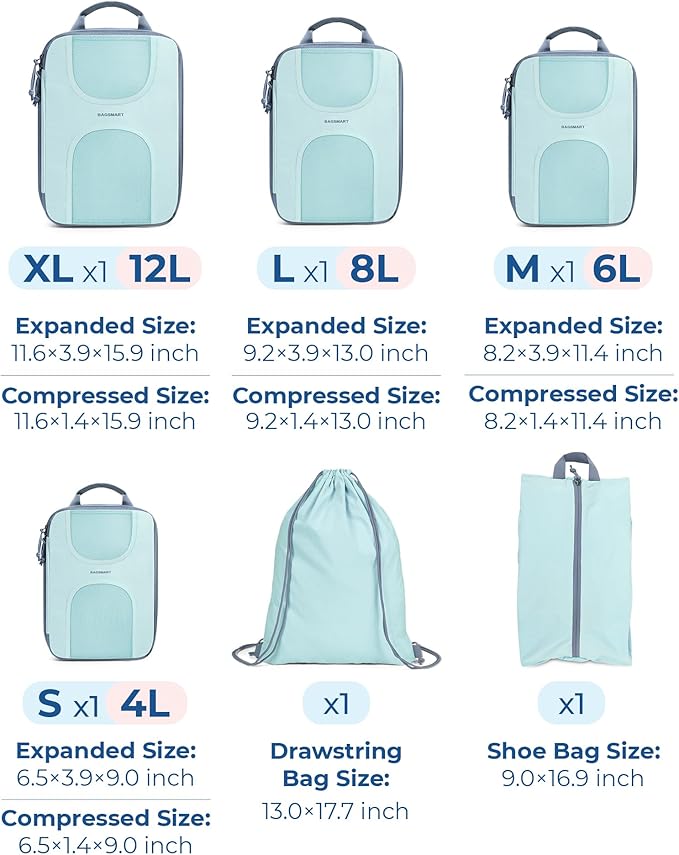 BAGSMART Compression Packing Cubes, 6 Set Packing Cubes for Suitcases, Lightweight Suitcases Organizers Bag Set & Compression Travel Cubes, Travel Essentials Packing Organizers