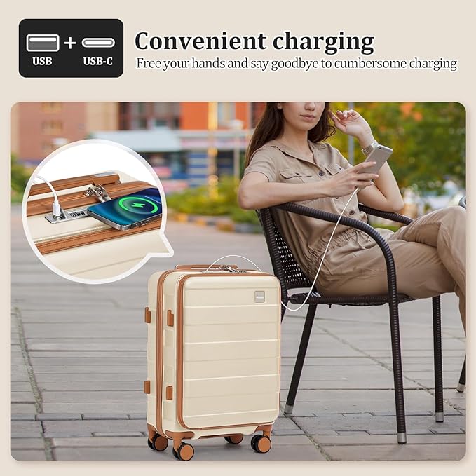 imiomo Carry on Luggage Airline Approved with Front Pocket and USB Port, Hard Shell 20 Inch Travel Carry-on Suitcase with Spinner Wheels and TSA Lock, White Brown