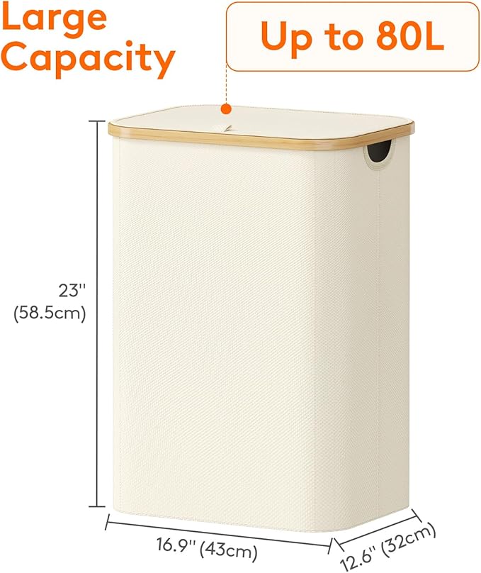 Lifewit 80L Laundry Basket with Lid, Clothes Hampers for Laundry with Bamboo Handles and 1 Removable Bag, Large Foldable Laundry Hamper for Bedroom, Bathroom, Dorm, Laundry Room, White