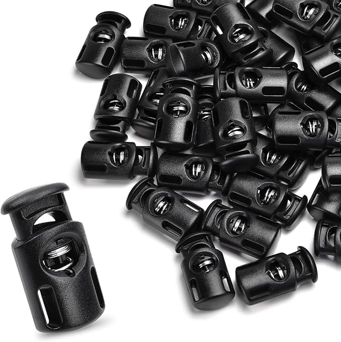 CooBigo 50PCS Single Hole Plastic Cord Lock for Paracord,Spring Toggle Stopper Clasps for Drawstring Bungee Elastic Shoelace Lock Gloves Hoodie Sweatpants String Clip Replacement