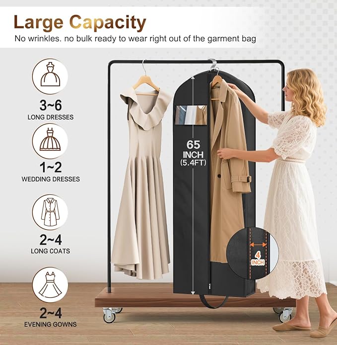 MISSLO 65" Long Garment Bags for Travel for Women 4" Gusseted Dress Bags for Gowns Waterproof Dress Protector Bag for Closet Storage Clothing Covers for Hanging Clothes Wedding Dresses Storage
