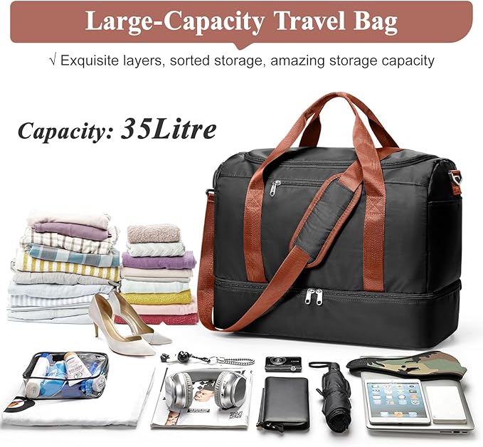 Travel Duffel Bag for Women, Carry-on Overnight Weekender Bags with Wet Pocket, For Spirit Airlines 18x14x8 Personal Item Bag,Small,Black & Brown