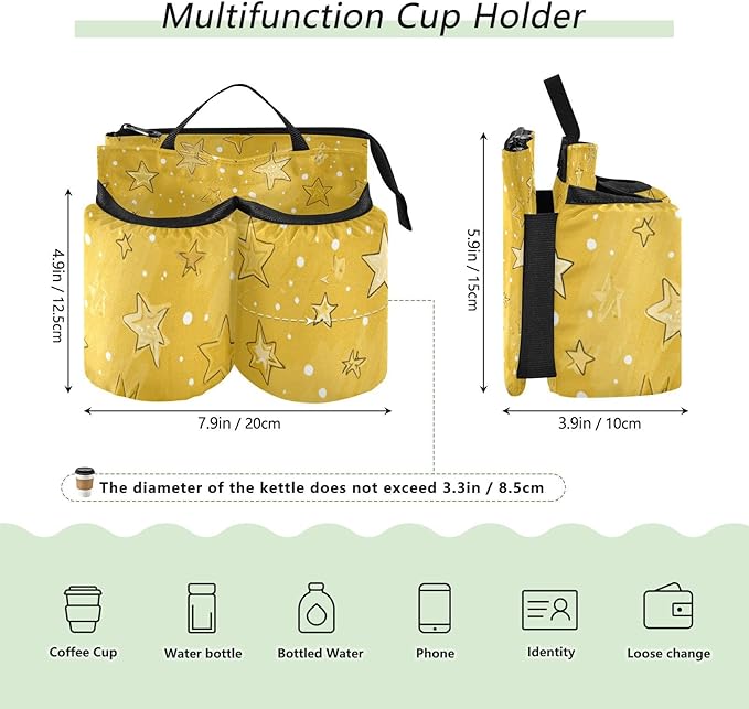 Luggage Cup Holder for Suitcases Free Hands Travel Cup Holder Portable Suitcase Cup Drink Holder Luggage Cup Caddy Bag Carrier Cute Golden Stars and Dots