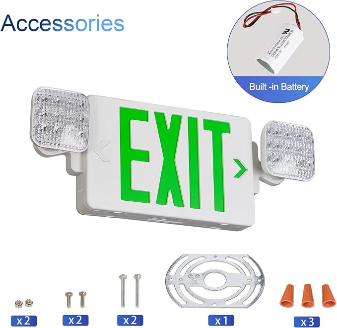 TANLUX Green Exit Sign with Emergency Lights, LED Exit Light - Battery Backup, UL Listed, AC 120/277V - Commercial Emergency Light Combo