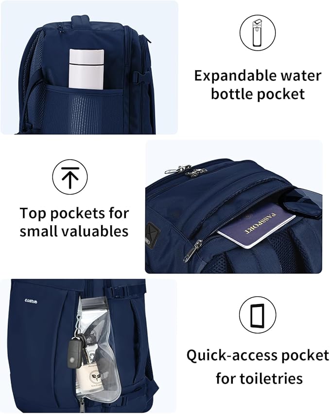 ECOHUB 17'' Travel Backpack, Personal Item Backpack with 13 Pockets, Flight Approved Carry on Backpack with USB Port & Luggage Sleeve, Travel bag for Men & Women, Water Resistant Backpack, Blue
