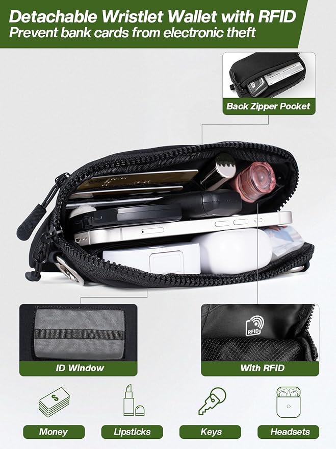 Tiostep Clip and Go Strap for Phone with Wallet Crossbody Phone Lanyard Adjustable and Detachable RFID Wristlet Wallet with ID Window and Zipper, Black(L)
