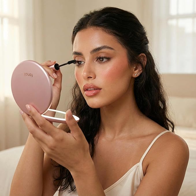 Fancii Taylor LED Lighted Travel Makeup Mirror, Rechargeable with 10x/1x Magnifying & 3 Light Settings - Compact, Portable, Large 5” Wide Hand Mirror for Handbag and Purses (Rose Gold)