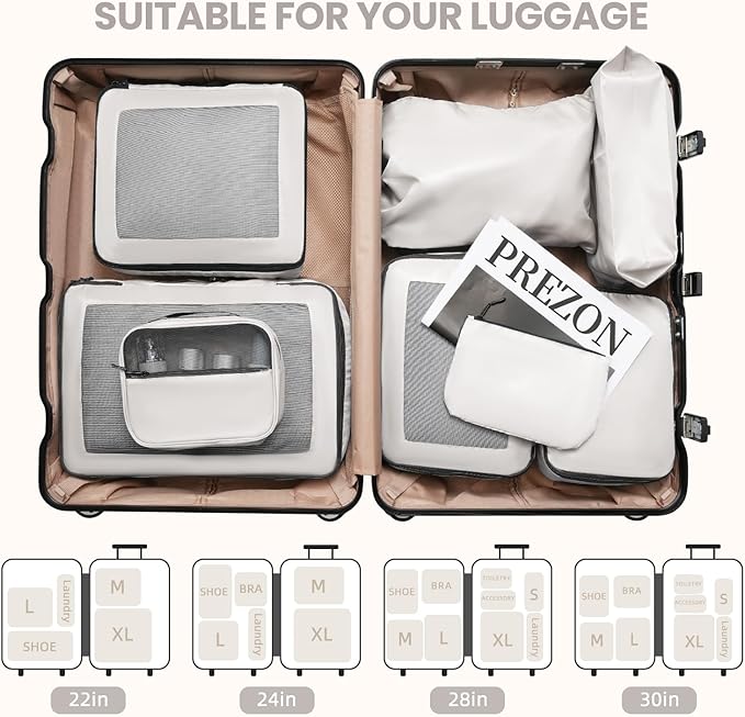 Mesh Packing Cubes for Travel, Durable Luggage Organizer with Sturdy Material and Double Zippers, Comprehensive Set for Travel Accessories Storage, 8 set, cream