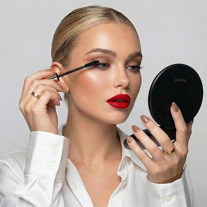 Fancii Taylor LED Lighted Travel Makeup Mirror, Rechargeable with 10x/1x Magnifying & 3 Light Settings - Compact, Portable, Large 5” Wide Hand Mirror for Handbag and Purses (Black)