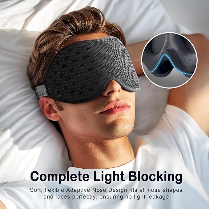 LitBear Breathable Sleep Mask, 3D Eye Mask Sleep for Side Sleepers Women Men, Light blocking Sleeping Mask with Adjustable Strap, Soft Lightweight Eye Cover for Travel, Night Work, Nap, Office - Black