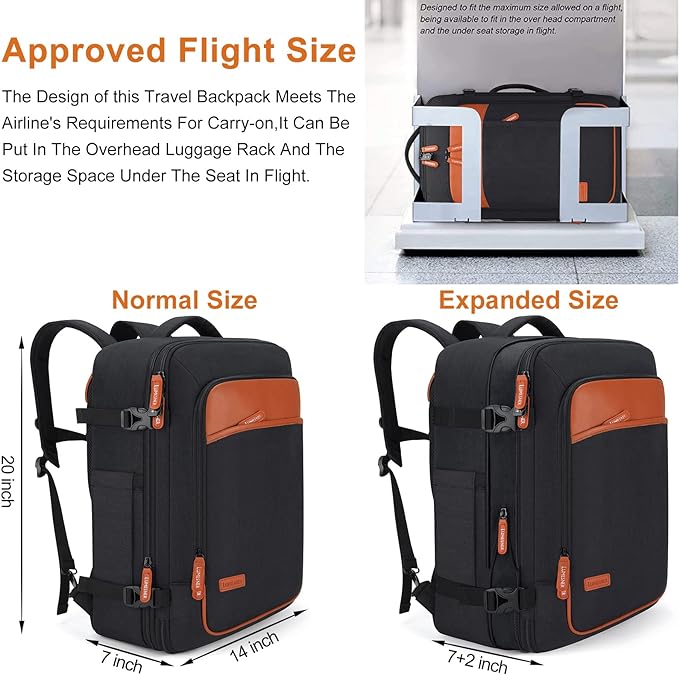 Lumesner Carry on Travel Backpacks, Extra Large 40L Flight Approved Bag for Men & Women,Expandable Suitcase Backpack With 4 Packing Cubes,Water Resistant Luggage Daypack Business Weekender Bag, Black
