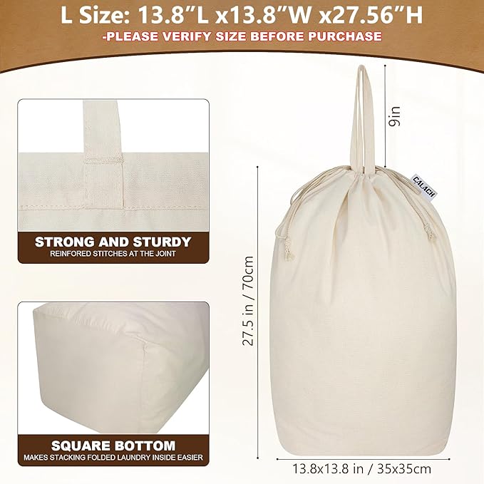 Canvas Laundry Bags with Handles & Square Base 13.8"Lx13.8"Wx27.6"H, Large Heavy Duty Laundry Hamper Bag, College Dorm Washable Drawstring Canvas Dirty Clothes Sack (Beige,1 Pack)