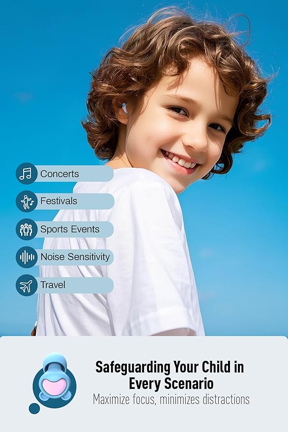 Kids Ear Plugs (6-12 Years) with Cord, Kids Ear Protection Reusable Noise Relief Earplugs for Focus, Travel, Concert, Socializing, Events, Sleep, Anxiety, Home, School, Playtime -26dB Noise Reduction