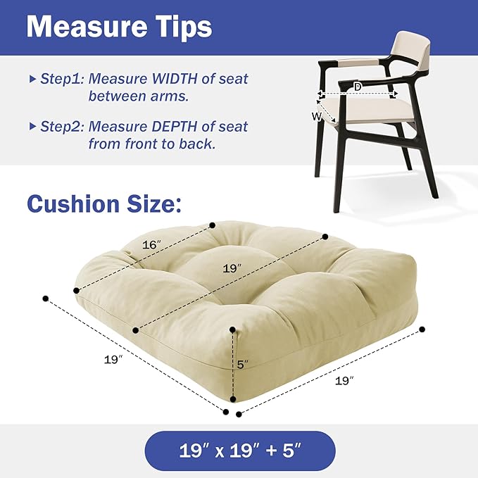 Outdoor Chair Cushions Set of 2, Patio Chair Cushions with Ties, 19x19+5” Tufted Outdoor Seat Cushions, Waterproof Patio Furniture Cushions, Outdoor Dining Chair Pads, Beige