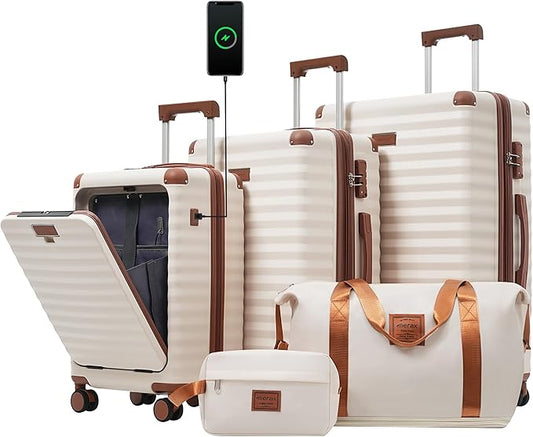 Merax Luggage Sets Front Opening, 3 Piece Hardshell Suitcase with Spinner Wheels and Bags,Lightweight Carry on Luggage with USB Port and Cup Holder,20+24+28,White and Brown