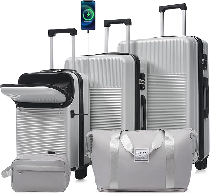 Merax Luggage Sets 5 Piece,Front Half-open Hardshell Expandable Suitcase with Spinner Wheels and Duffel Bags,Lightweight Carry on Luggage with USB Port,20/24/28IN,Silver