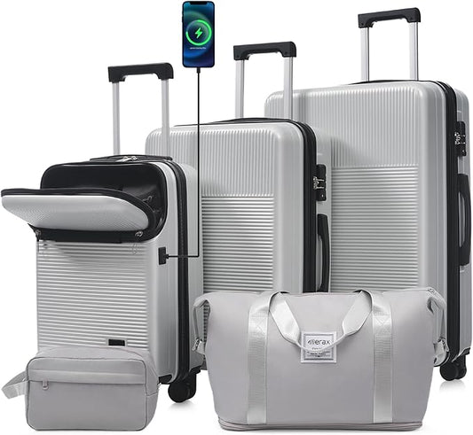 Merax Luggage Sets 5 Piece,Front Half-open Hardshell Expandable Suitcase with Spinner Wheels and Duffel Bags,Lightweight Carry on Luggage with USB Port,20/24/28IN,Silver