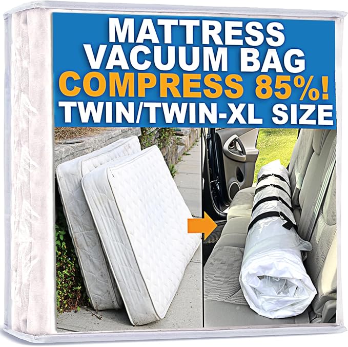 Mattress Vacuum Bag for Moving, Vacuum Seal Mattress Bag for Memory Foam or Inner Spring Mattresses, Compression and Storage for Returns, Leakproof Valve and Double Zip Seal (Twin/Twin-XL)