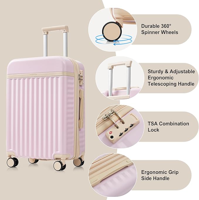 Hardshell Luggage, Lightweight Suitcase with Spinner Wheels, LIGHT PINK+USB