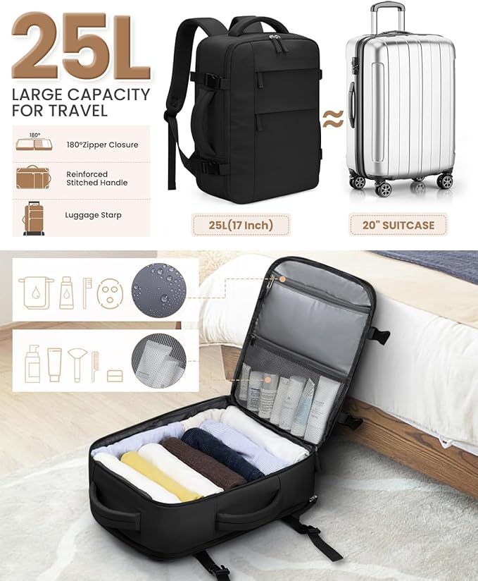 Pritent Travel Backpack for Women Man, Waterproof Laptop Backpack Travel Bag Airline Approved Carry on Weekender Overnight Bag Bookbag for Business,Travel, Work Fits 17.3 inch Laptop(Large,Black)