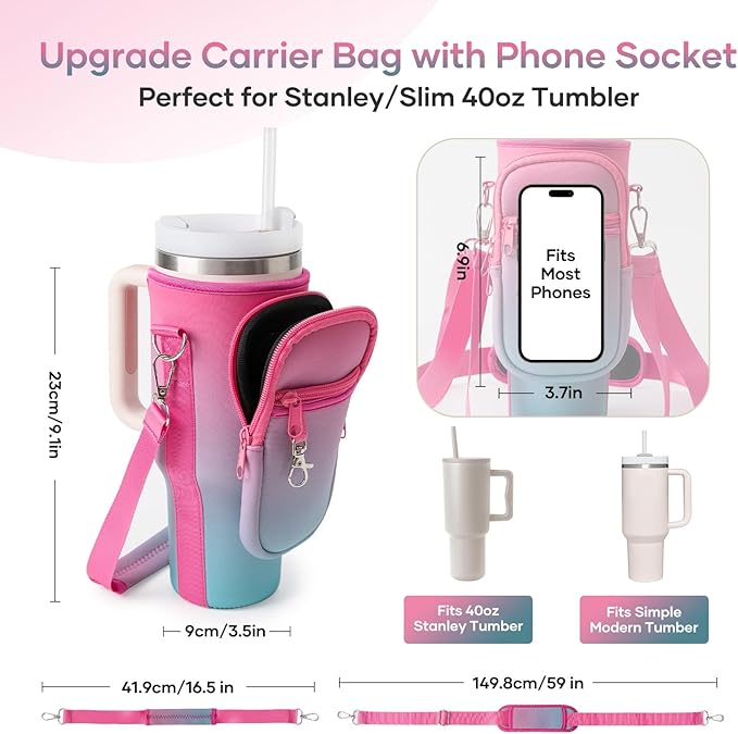 linmaya Water Bottle Carrier Bag for Stanley Cup 40/30oz with Phone Holder Pockets,Neoprene Water Bottle Cross-body Bag with Adjustable Shoulder & Hand Strap Stanley Cup Accessories