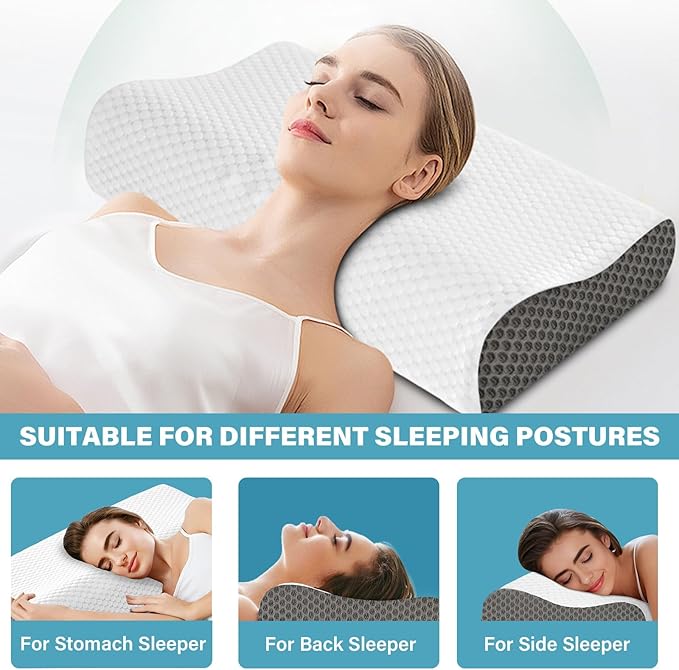 Memory Foam Pillows 2 Pack Neck Pillow - Neck Support Pillow for Pain Relief, Ergonomic Cervical Pillow for Sleeping, Orthopedic Contour Bed Pillow for Side, Back, Stomach Sleepers,Grey