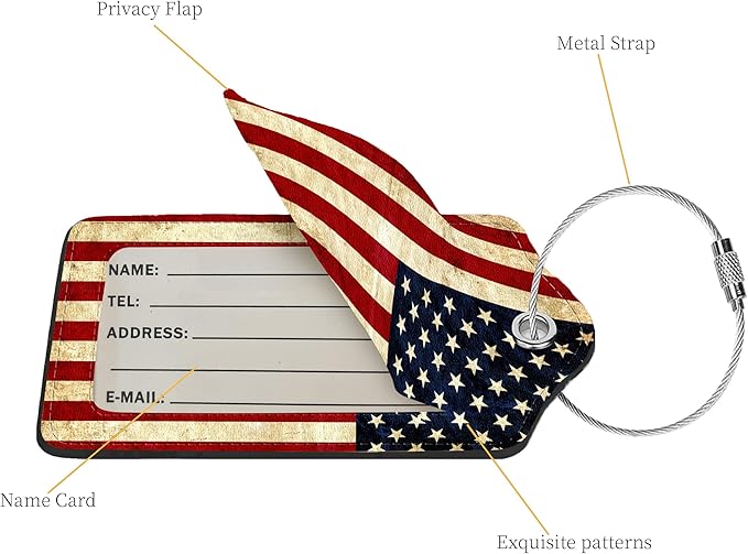 2 Pcs Luggage Tags for Suitcase, Cute Unique PU Leather Travel Bag Tag with Privacy Cover ID Label Address Card and Durable Metal Ring Suitable for Men Women Children Backpack,Flag