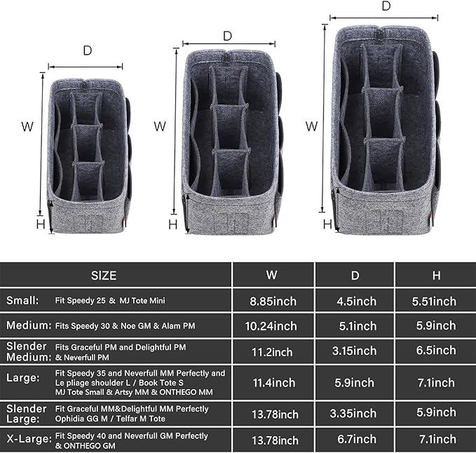 ZTUJO Purse Organizer Insert, Felt Bag Organizer For Handbag Purse Organizer,13 Colors, 6 Size (Slender Medium, Grey)
