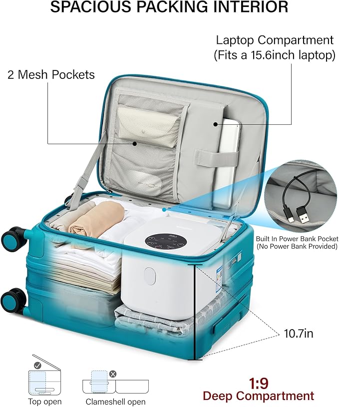 Hanke 20 Inch Expandable Carry On Luggage with Cup Holder 22x14x9 Airline Approved, Top Opening Hard Shell Suitcases with Wheels, Carry-On Travel Suitcase Trunk Luggage with Lock, Caribbean Blue