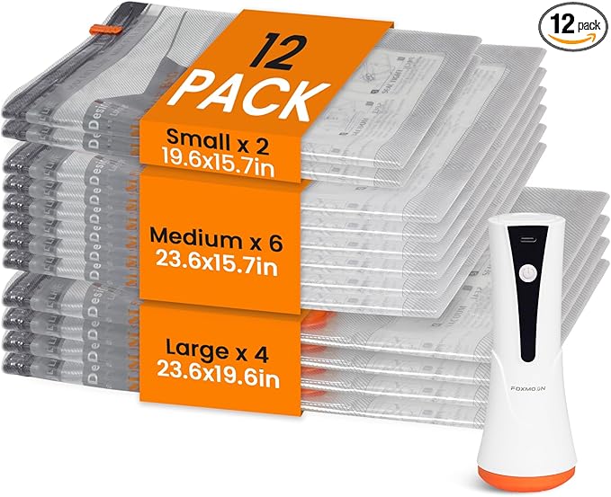 Vacuum Seal Bags for Clothing Travel with Rechargeable Cordless Pump, 12 Pack Compression Space Saver Bags for Packing, Luggage and Seasonal Storage