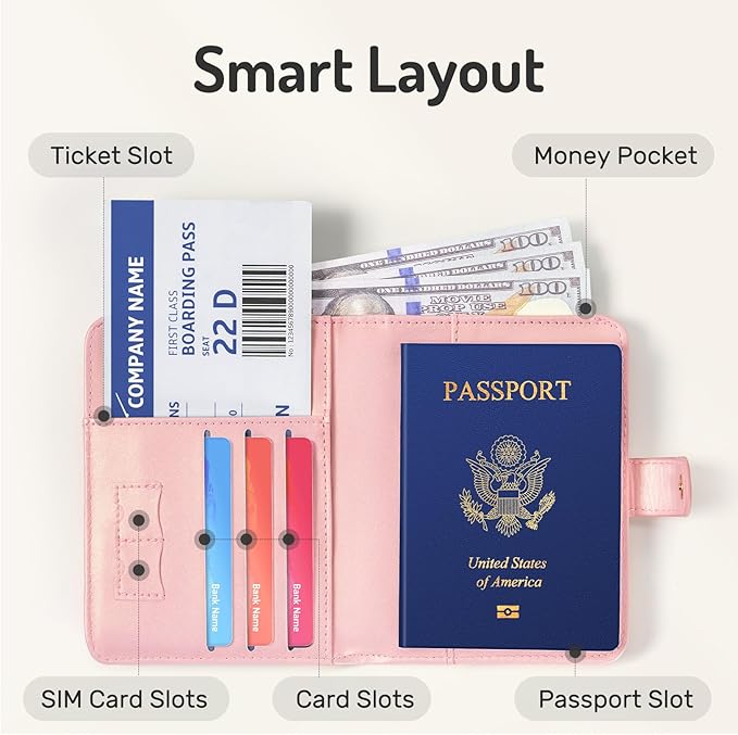 Forvencer Passport Holder Cover with Money Pocket, RFID Blocking Passport Wallet for Travel, Premium Travel Card Case, Waterproof Travel Accessories for Women, Rose Gold