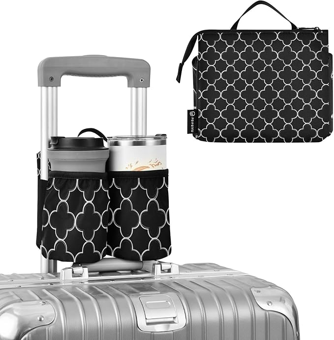 Luggage Cup Holder for Suitcases Free Hands Travel Cup Holder Portable Suitcase Cup Drink Holder Luggage Cup Caddy Bag Carrier Black Quatrefoil