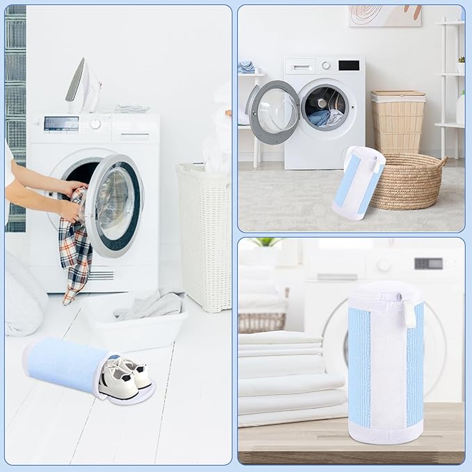 Shoe Washing Machine Bags, 2 PCS Reusable Blue+White Chenille Laundry Bags for Washing Machine, 360 Wrap-Around Clean Shoe Laundry Bags with Hidden Zipper