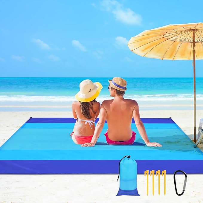 Ainiv Beach Blanket Beach Mat, Sandproof Waterproof Beach Mat, Extra Large 82 * 79 in (5-7 People) Picnic Blanket with 1 Storage Bag, 1 Carabiner & 4 Fixed Nails for Beach, Camping, Hiking, Picnic