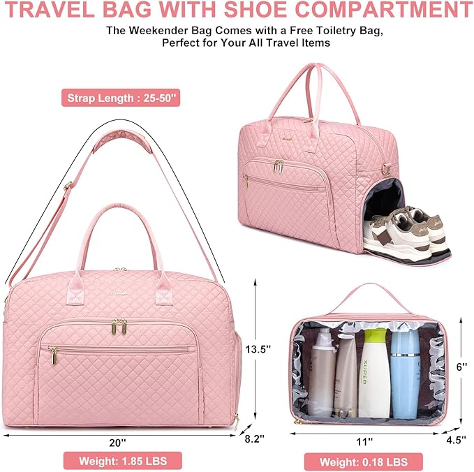 Travel Duffle Weekender Bags for Women - Weekend Bag Women with Shoe Compartment Carry On Overnight Bag with Toiletry Bag Duffel Bags Wet Pocket for Gym Hospital Bags for Labor and Delivery Pink